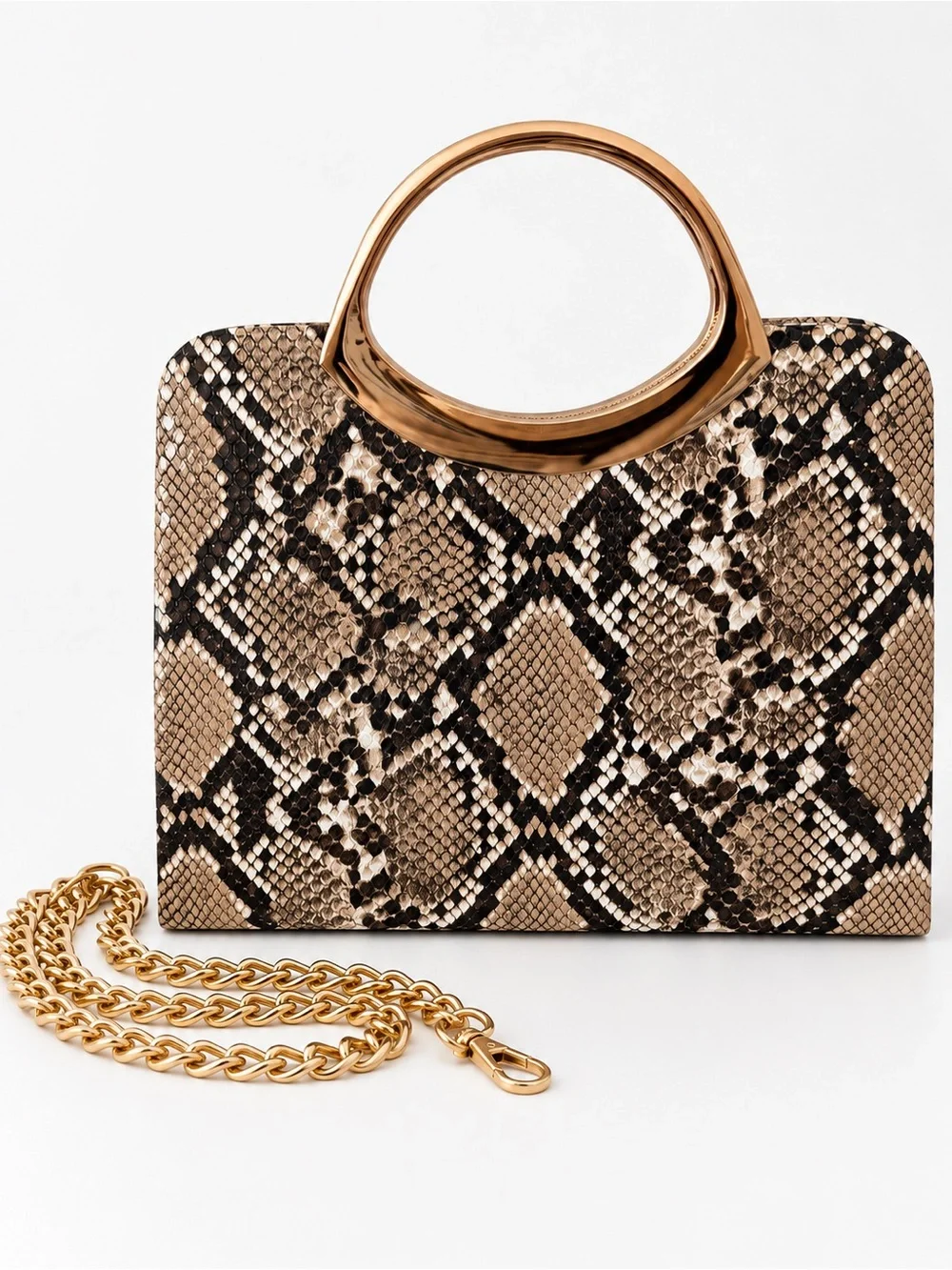 Snake-Print Clutch with Gold Handle and Chain